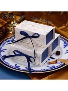 10pcs Leaf Print Gift Box With Ribbon, Paper Candy Box For Wedding