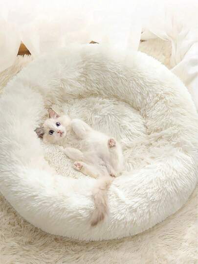 PETSIN 1 件毛绒（不可拆卸）圆形温暖厚宠物床/垫子适合中型/小型猫和狗，室内使用，柔软舒适的猫/狗床，四季皆宜
