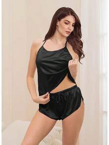 4Pcs Womens Silk Pajama Sets Satin Pajamas Set Sexy Cami Lingerie Pjs Nightwear Silky Pj Loungewear Sleepwearhalloween - 黑色 - 查看 4