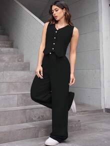 A&DD MODA, Ref: AS1431 – Women's Plain Suit, High-Waisted Straight Casual Pants, V-Neck Cardigan, Sophisticated Look, High Quality, Modern Look, Versatile Piece, Elegant Style, Two-Piece Set, Casual Chic Look, Comfortable And Stylish, Skirt With Pockets, Elastic Waistband, Eye-Catching Piece, Perfect For Spring And Summer, Blogger Style, Casual And Formal, Suitable For All Occasions, Elegant And Fresh, Feminine Look, Summer 2025 Collection. - 黑色 - 查看 4