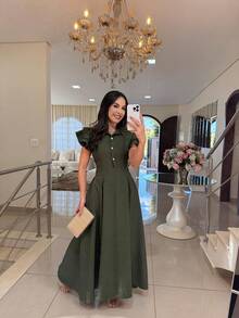 Elegant Long Dress With Puff Sleeves And Front Buttons – Sophisticated Look For Parties And Events - Green - View 2