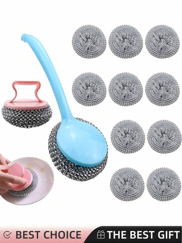 4pcs Stainless Steel Sponge With Handle Scouring Pad Kitchen Cleaning Brush Scrubber, Non-Stick Pan Household Kitchen Nano Steel Wire Can Be Disassembled And Washed Without Dropping Residue And Damaging The Pot Cleaning Ball