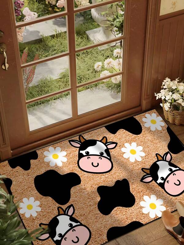 1pc Cute Cow & Daisy Pattern Welcome Doormat, Simple Yellow Design Soft Coral Fleece, Anti-Slip, Machine Washable, Suitable For Kitchen, Bathroom, Dining Room, Hallway, Party, New Year, All Seasons, Yard Decor