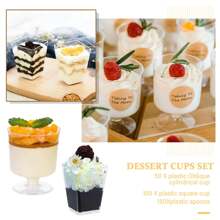 5 oz Vasos de postre cuadrados de plástico transparente en miniatura, copas de vino de postre redondas con tallo, pequeños vasos reutilizables para fruta, helado, pudín, aperitivos, adecuados para fiestas