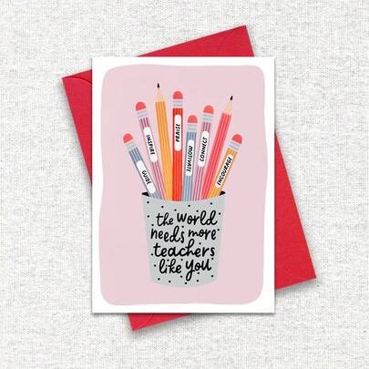 Pink Pencil Cup Teacher Thank You Card With Envelope, Teacher Gift Card, Thank You Card, Gift For Teacher, Cute Teacher Card, Birthday Card