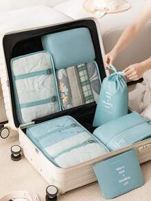 7pcs Travel Organizer Set - Waterproof Packing Cubes, Portable Luggage Bags, Clothes Storage Bags, Travel Organizer Bags, Minimalist Polyester Luggage Organizers, Travel Essentials, Toiletry Bag, Drawstring Travel Bags, Multi-Piece Travel Organizer For Men & Women, Bedroom, Dorm, Moving, Assorted Sizes Toiletry Organizer, Large Capacity Travel Bags, Waterproof Portable Organizer Bags For Clothes, Pants, Shoes, Socks, Luggage, Bohemian Style - Baby Blue - View 3