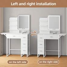 Tomnk 2 Sizes Vanity Desk Set With Mirror LED Lights And Power Outlet, Vanity Desk With Soft Dressing Stool And Drawers, Open Organizer, Dressing Table Bedroom, Home Decor, Bedroom Furniture (Mirror Light Strip Powered By USB Interface) - 查看 5