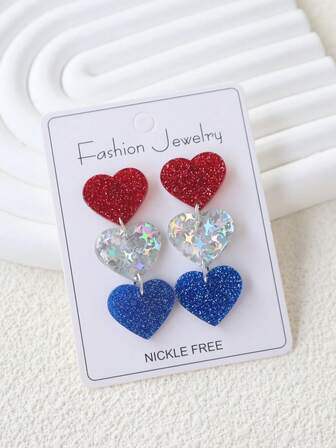 1 Pair Acrylic Triple Heart Earrings, Patriotic Red White Blue Color, Personalized Long Teardrop Heart Earrings, Gift For Valentine's Day