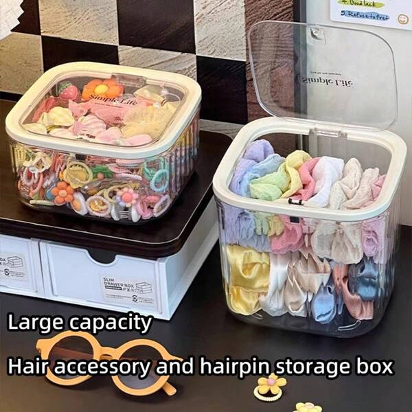 1pc [Thickened Hair Accessory And Hairpin Storage Box] Desktop Large-Capacity Covered Jewelry Box With Leather Band Hair Tie And Cute Hair Pin Storage Box