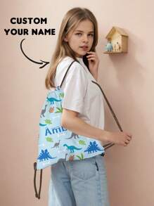 1pc Customizable Drawstring Backpack Printed With Dinosaur Pattern, Can Be Customized With Your Unique Design, Suitable For Children And Teenagers, Can Print Your Own Name Or Gift Your Sibling/Classmate's Name,Multi-Functional,Ornamental,Letter,Stylish,Modern,Colorful,Cute,Adorable,Casual,Custom,Personalised,Unique,Customized,Ideal Gifts For Him,Ideal Gifts For Her