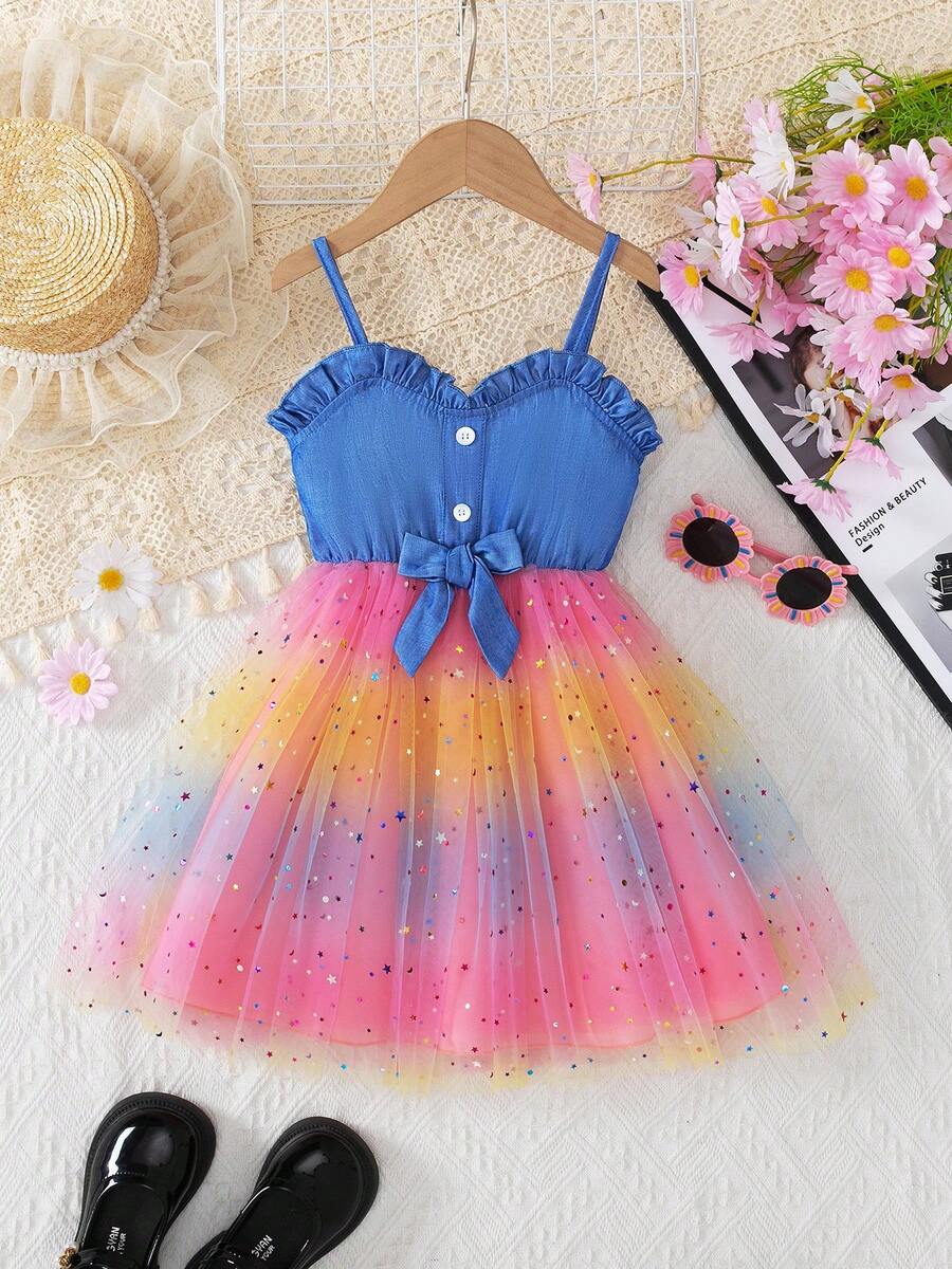 Moda pentru fete tinere, ocazional, culoare solidă, cu efect de denim, fără mâneci, guler cu volane, curea fără spate, cu captuseală și rochie din plasă cu plasă înstelată, potrivită pentru zi cu zi, acasă, în aer liber, vară - Multicolor - Vizualizare 1