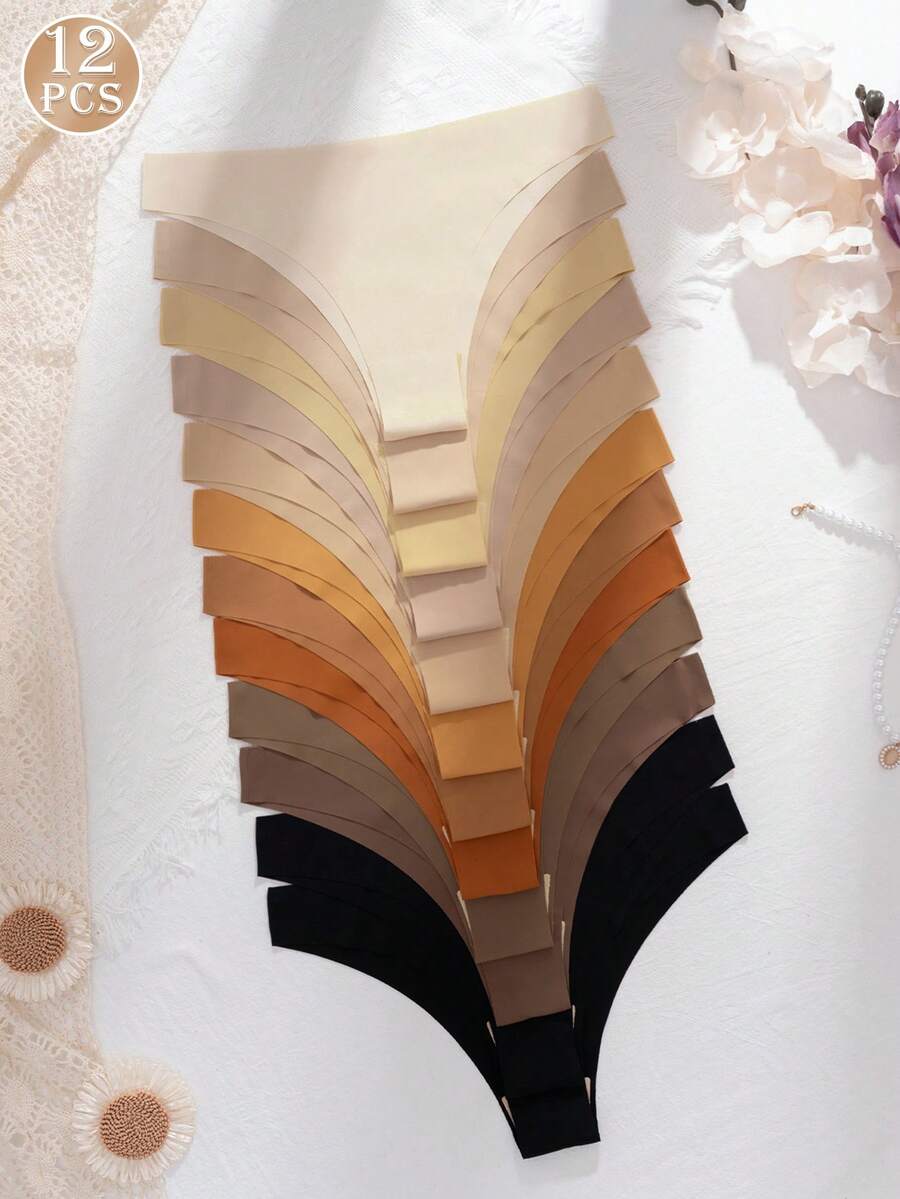 12pcs Women Sexy Seamless Low Waist Comfortable Bikini Briefs, Multicolor - 彩色 - 查看 1