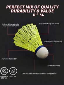 Set de 6 plumas de bádminton a prueba de viento - Elástico, resistente a la intemperie para entrenamiento deportivo al aire libre, Blanco/Amarillo