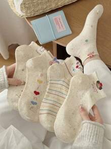 5 Pairs Women Short Casual Socks Fashion Cute Cartoon Pattern Spring/Summer Sweat Absorbing Breathable Casual Socks