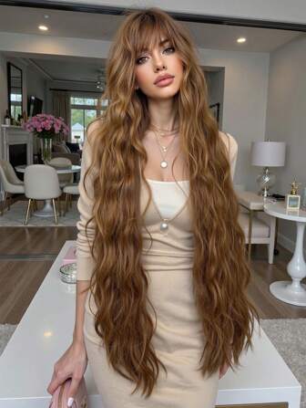 45英寸长蓬松波浪合成假发，带刘海，女士耐热自然中分角色扮演派对洛丽塔音乐节婚礼假发