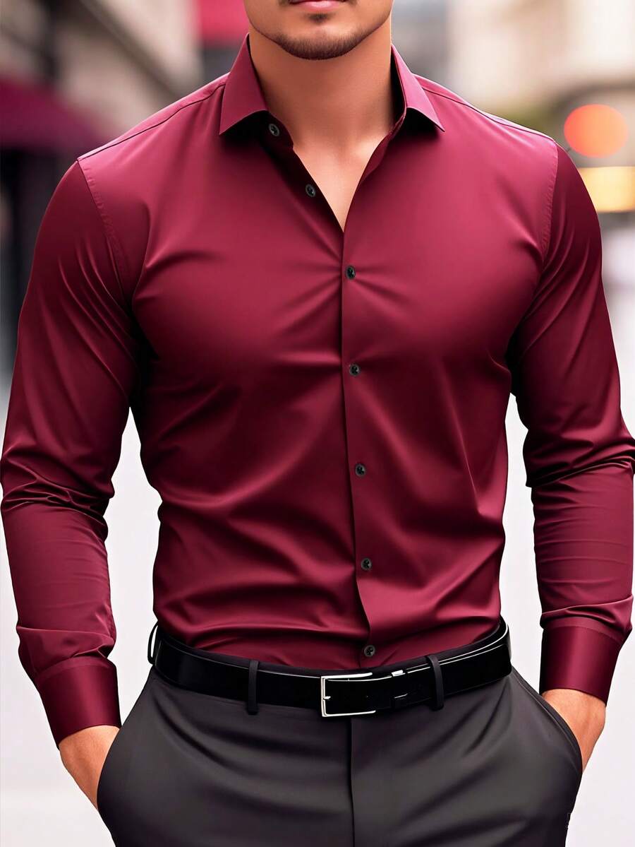 Men's Long Sleeve Solid Color Single-Breasted Business Dress Shirt, Business Formal Style, For Fall
