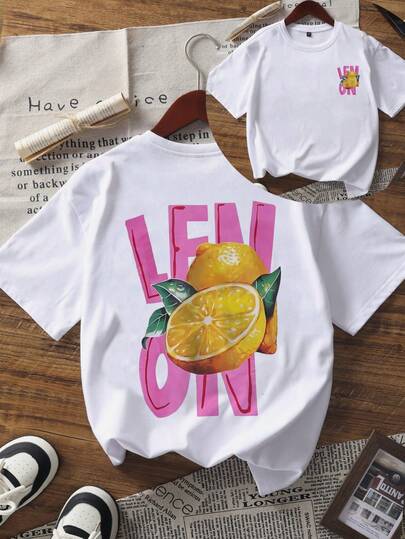 1pc Girl's Casual Lemon Logo Print Short Sleeve T-Shirt, Comfortable And Fashionable Summer Top For Student & Young Girls