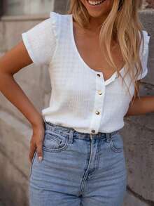 Fashionable Elegant Solid Color Short Sleeve Cardigan Top, Knitted Fabric With Button, Ruffle Hem, Suitable For Casual Home Wear In Summer - White - View 2