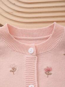 女婴针织花卉刺绣圆领开衫 - 粉色 - 查看 2