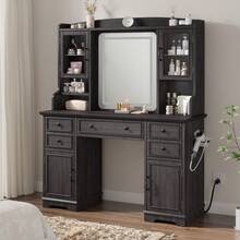EnHomee Farmhouse Vanity Desk With LED Lighted Mirror, Makeup Vanity Table With RGB Cabinets And Lots Storage, 5 Drawers And 6 Storage Shelves For Bedroom And Dressing Room, Black - 美規A型插(110-127V) - 查看 3