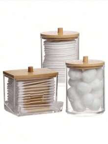 3pcs, 7/10oz Clear Plastic Apothecary Storage Jar Set For Makeup Pompoms, Round Pads, Dental Floss And More, Suitable For Bathroom Jar Storage Organization, Dressing Table Makeup Storage Box With Wooden Lid