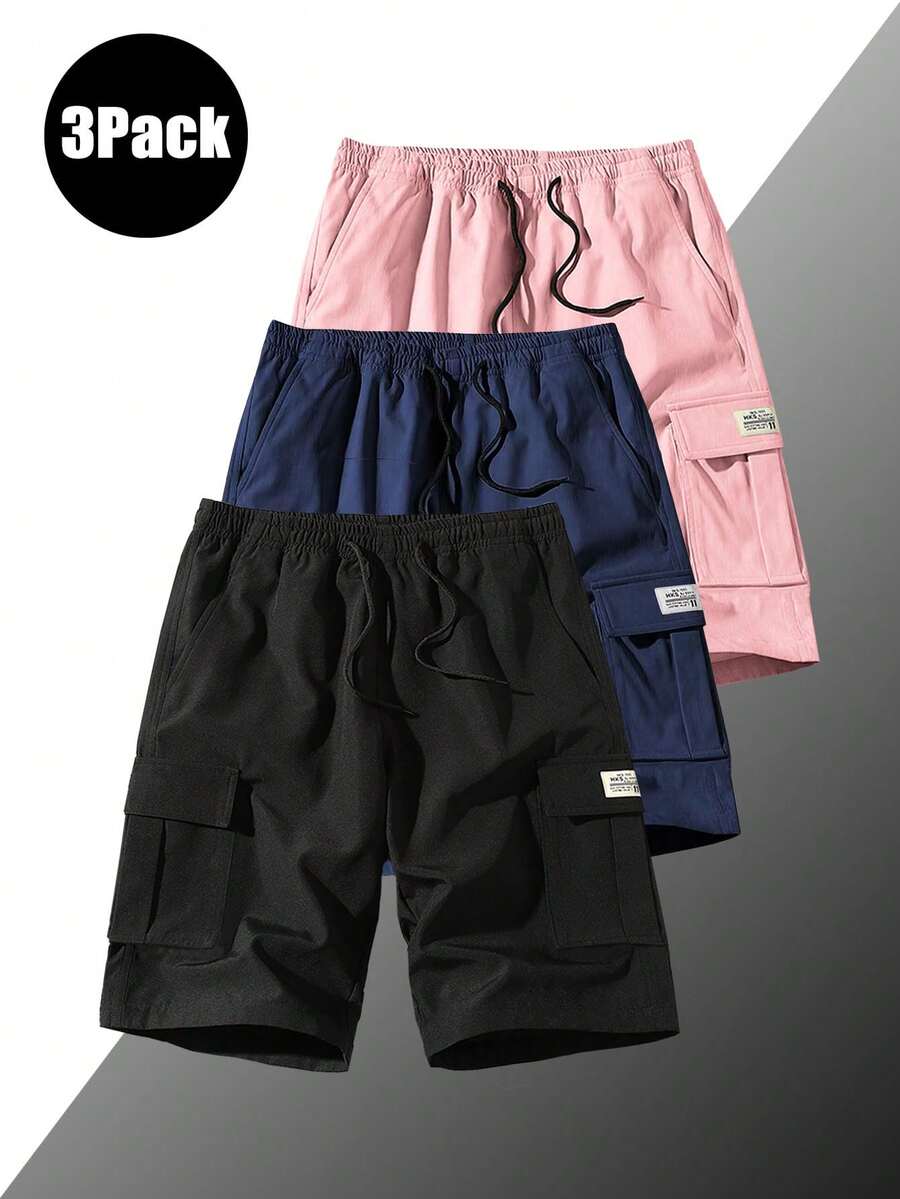 3件套男士5英寸轻便工装短裤 - 抽绳腰带，透气夏季休闲户外健身短裤，带斜插口袋，粉色 - 黑色 - 查看 1