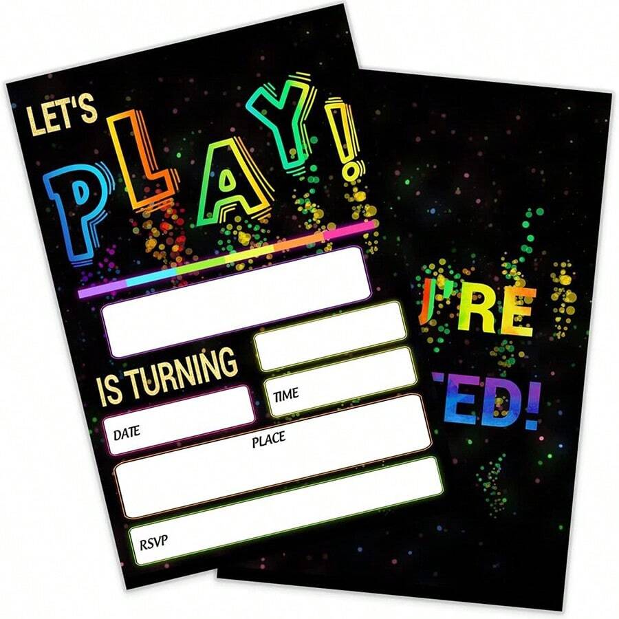 12pcs Birthday Party Invitation, Neon Party Invitation For Boys And Girls, Double-Sided Design (6pcs Card + 6pcs Envelope)