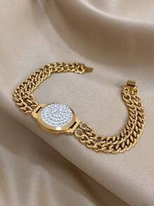 1 pieza Brazalete de cadena con cara de reloj de acero inoxidable con baño de oro y circonita con corte de diamante para mujeres: Lujo de dos capas, Eslabones de CZ, Regalo para mamá, Regalo para maestro, Esencial para playa, viajes y fiestas de verano, Accesorio para rave/baile de graduación/fiesta/diario, Joyería dorada, Regalo de vuelta a la escuela, Regalo de cumpleaños