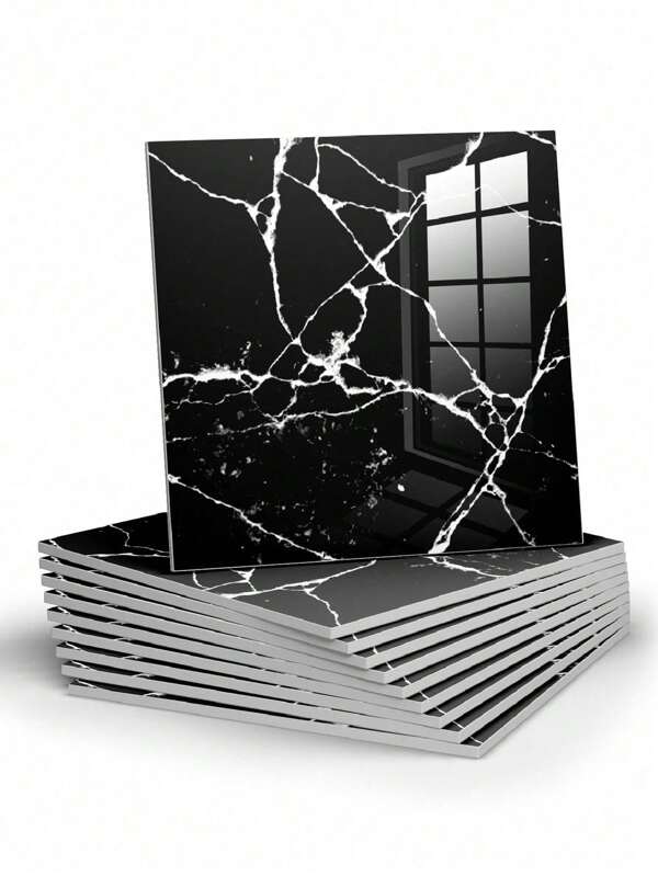 10pcs 0.9㎡ Black Faux Ceramic Tile & Marble Contact Paper Waterproof Self-Adhesive Wall Stickers For Wall Renovation, Decor, Moisture-Proof, Aluminum-Plastic Board Valentine DAY, Valentines Wedding, Birthday Room Decor Home Decor Wallpapers Wall Paper Wallpaper Bathroom Kitchen Wall Decor