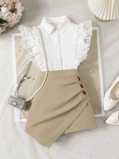 Tween Girls Elegant Floral Trim Splice Sleeveless Shirt & Asymmetrical Skirt Pants 2 Pieces Set, Spring/Summer