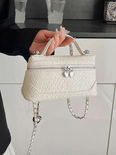 1 件白色 PU 编织纹理多功能拉链单肩手提化妆包，适合女士日常使用、购物、派对、圣诞节、情人节、生日礼物、时尚单品