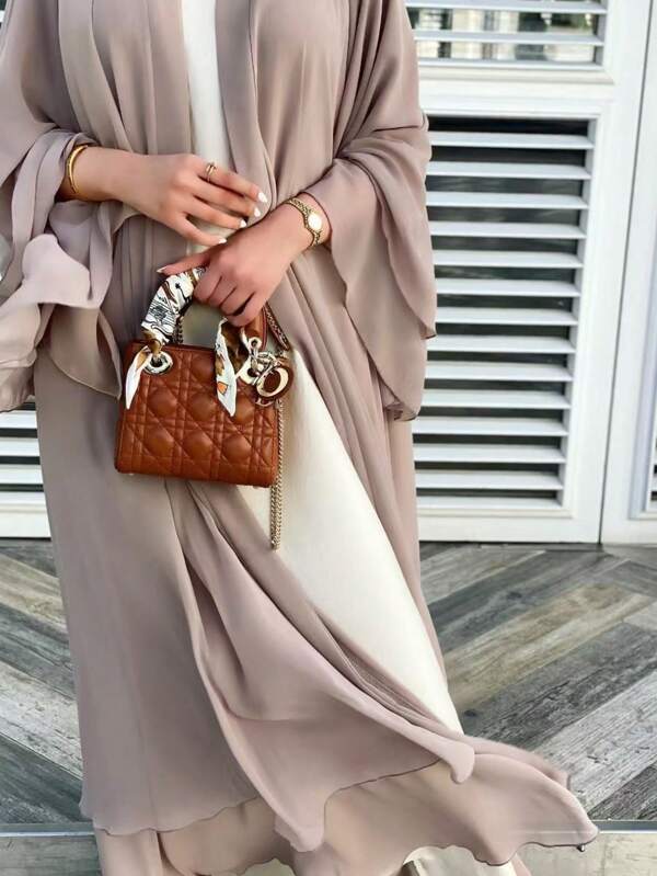 1 Set Women 2-Layer Skirt Pleated Chiffon Abaya Cardigan Long Robe, Casual Muslim Islamic Loose Dress Suitable For Daily & Festival Occasions