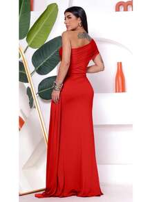 Long Women's Party And Event Dress Elegant Bridesmaids And Guests Fluity Knit With Lined Cup One Shoulder Unilateral Zero Sleeve Detail At The Waist Fluid Draped Shoulder One Size Fits 36 To 42 - 紅色 - 查看 2