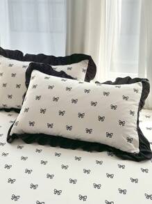 3pcs Bedding Set (1pc Bed Skirt + 2pcs Pillow Cases), Cute Romantic Floral & Bow Design With Double Ruffled Skirt, Elegant French Style, Suitable For Queen/Twin Bed, All Season
