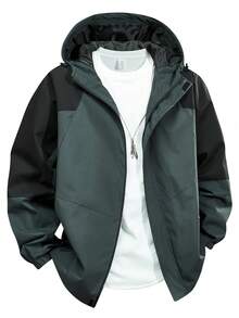 1 pieza Chaqueta con cremallera y capucha con diseño de bloques de color, adecuado para el uso de los hombres en las vacaciones y el ocio - Verde Oscuro - Ver 1