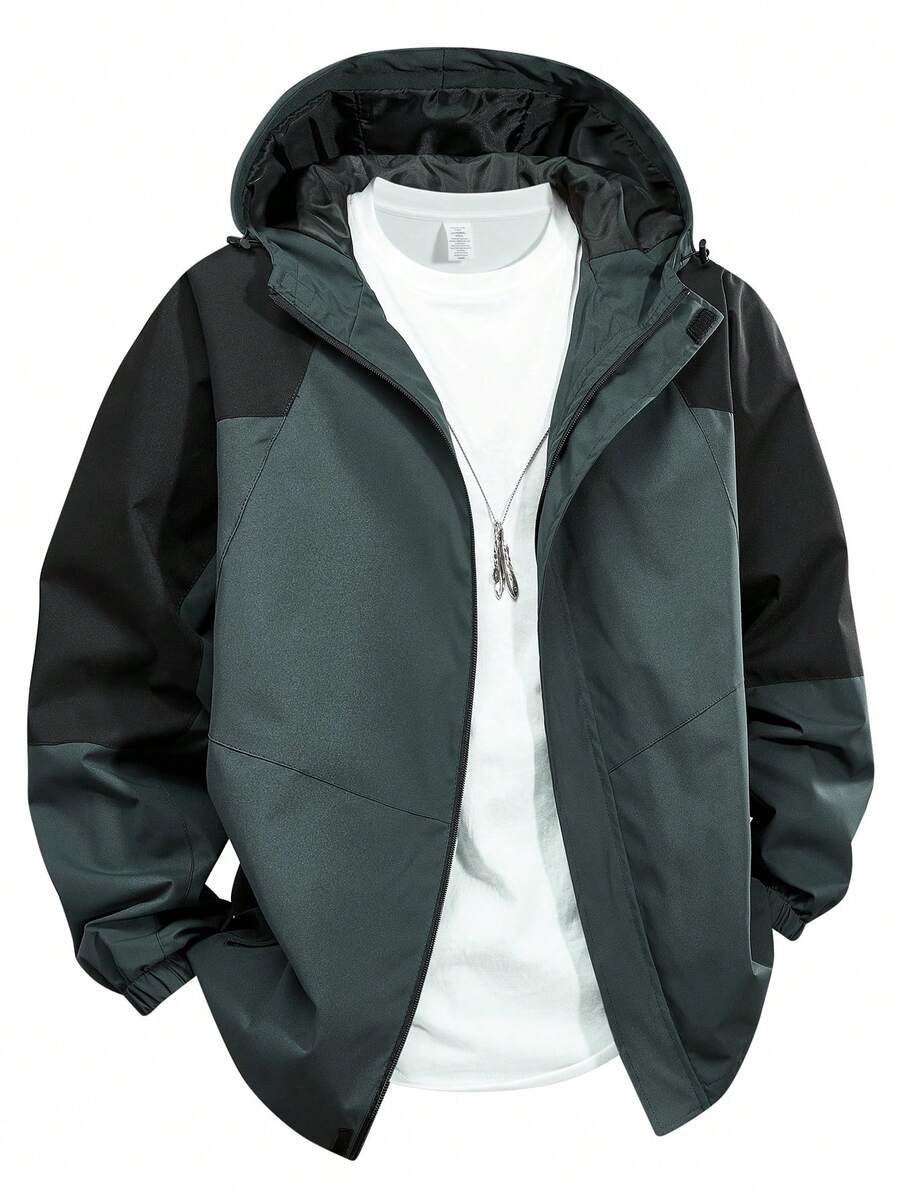 1 pieza Chaqueta con cremallera y capucha con diseño de bloques de color, adecuado para el uso de los hombres en las vacaciones y el ocio - Verde Oscuro - Ver 1