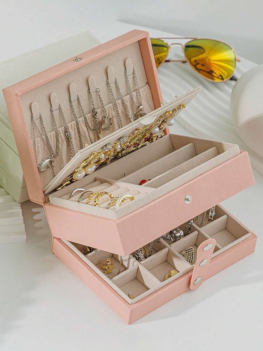 1pc Jewelry Storage Box Large Capacity Jewelry Display Case For Necklaces, Rings, And Earrings For Women Storage Organizer Travel Essentials Gift - Pink - View 1