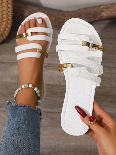 Women's Summer New Strap Round Toe Flat Non-Slip Wear-Resistant Gold Stripe Hollow-Out Open Toe White Slippers, Suitable For Dresses, Tight Pants, Casual Pants, Shorts, Mini Skirts, Spring, Summer, Autumn, Valentine's Day, Mother's Day, Holiday Parties, Indoor And Outdoor Wear In Summer, Lightweight, Comfortable, Breathable, Fashion Casual, Elegant, Simple, Romantic, Cute, Vacation, Travel, Daily Match, Beach Shoes, White, Women's Fashion Flat Sandals