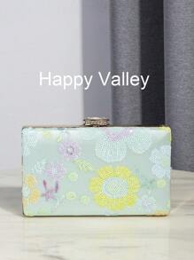 1pc Sequin Embroidered Floral Handbag (Random Pattern) With Metal Crossbody Chain, Elegant And Refined Fashion Women's Clutch Purse, Suitable For Parties, Romantic Weddings, Balls, Galas. Halloween Celebration, Valentine's Day Gift
