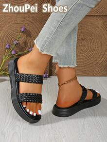 女士经典时尚个性化休闲优雅舒适百搭轻便坡跟编织凉鞋 - 黑色 - 查看 7