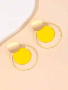 1pc Metallic Circular Disc Earrings, Creative Design Gift For Her - Black - View 7