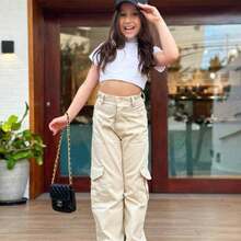Calça jeans wide leg estilo cargo areia/cinza juvenil blogueirinha menina bolsos lateral estilo - Caqui - Visão 1