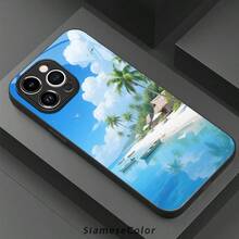 Tropical Beach Vacation Themed Glass Phone Case Suitable For IPhone 16 Pro Max, 15, 14 Plus, 13, 12, And 11. Anti-Slip, Lightweight,  Design, Suitable For Both Men And Women, Phone Case. - Black - View 1