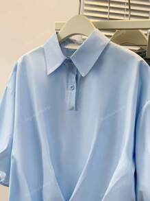 Women's Solid Button-Up Shirt - Asymmetric Hem Collared Short Sleeve Blouse For Casual/Date Nights/Parties, Spring-Fall Versatile Wardrobe Staple