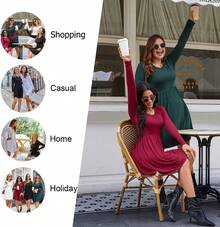 Womens Long Sleeve Dresses Casual Loose Fit Swing Dress Hide Belly With Pockets - 黑色 - 查看 8