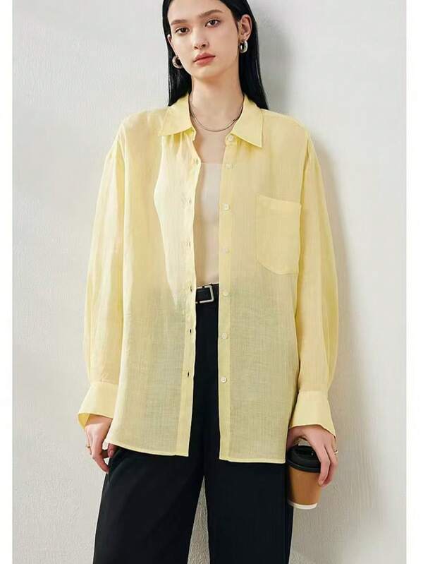 Plus Size Women's Solid Color Front Button Long Sleeve Pocket Casual Shirt