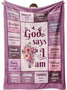 Warm Wool Blanket With Religious Theme, Featuring Inspiring Bible Verses And Floral Decorations, Comfortable And Soft, Suitable For Home Use, Decorative And Practical