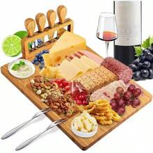 1 Set Large Cheese Board & Knife Set, 4PCS, Bamboo & Wood Cutting Board, Kitchen Cutting Board