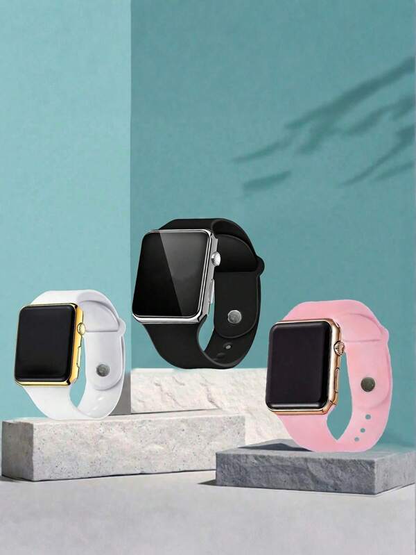 Set de 3/1 reloj electrónico cuadrado de pantalla digital, simple y de moda, apropiado para estudiantes de secundaria y preparatoria, versátil para salir, perfecto como regalo para amigos, en fiestas y reuniones
