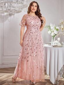 UNITHORSE Plus Size Chic Crew Neck Sequin Embroidery Patchwork Flared Dress - Dusty Pink - View 6